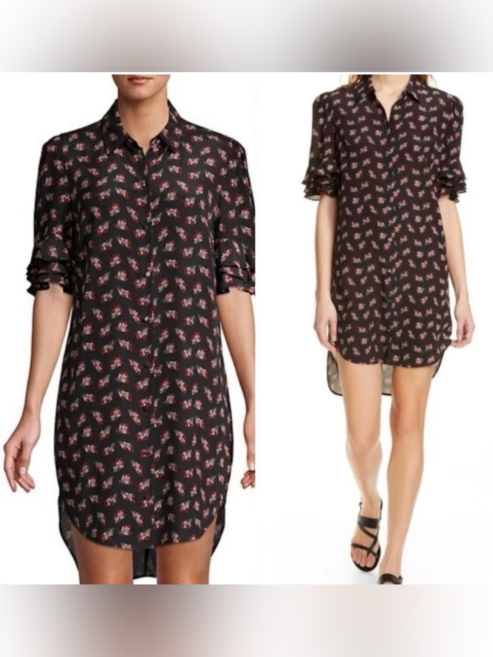 FRAME Size XS Silk Printed Ruffle Sleeve High Low Shirtdress Black Floral